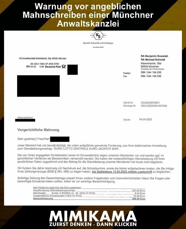Warnung vor angeblichen Mahnschreiben einer Münchner Anwaltskanzlei
