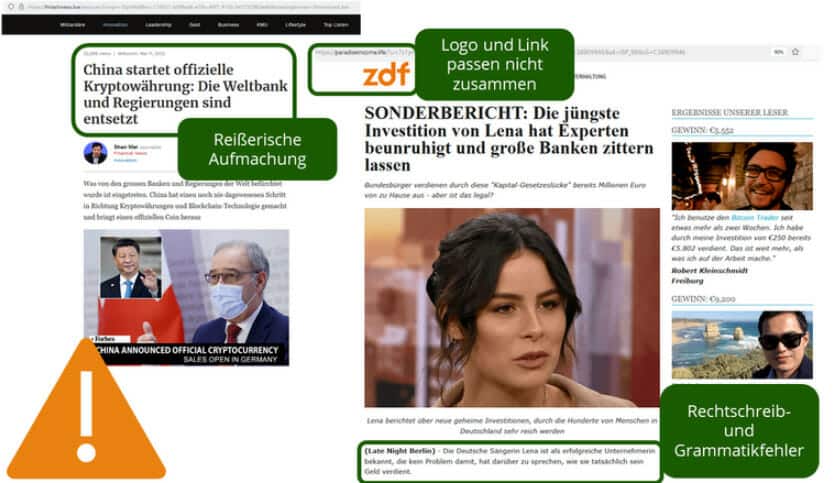Fake-News-Artikel werben mit reißerischen Schlagzeilen für Crypto-Investments. (Screenshot: Watchlist-Internet)