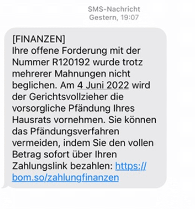 Screenshot der falschen SMS! Betrüger am Werk! - Das Bundesamt versendet keine SMS-Nachrichten - und schon gar nicht aus Österreich!