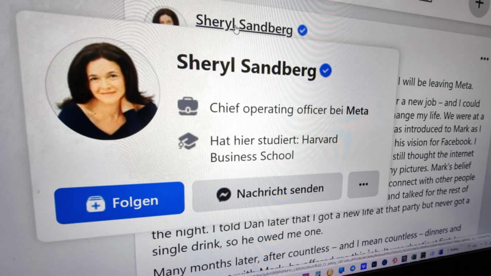 Co-Geschäftsführerin Sheryl Sandberg verlässt Meta (Screenshot: Facebook / mimikama)