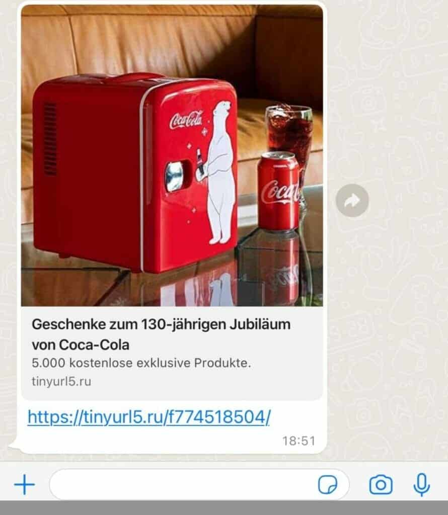 Vermeintliches Gewinnspiel zu Coca-Colas Jubiläum / Screenshot WhatsApp