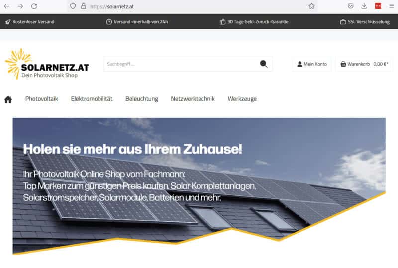Fake-Shop für Photovoltaik solarnetz.at / Screenshot Watchlist Internet
