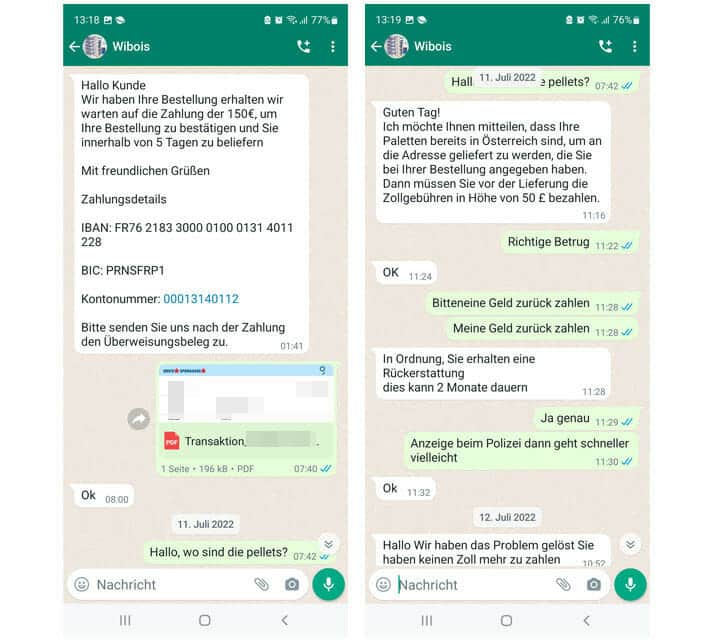 wibois.com bestätigt Bestellungen auf WhatsApp und fordert Kund:innen auf per Vorkasse zu bezahlen / Screenshot Watchlist Internet