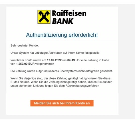 Angebliche Zahlung über 1299.00 Euro von Ihrem Raiffeisenkonto / Screenshot: Watchlist Internet
