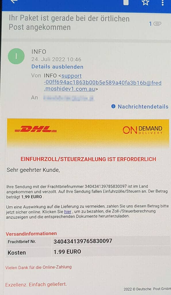 Fake-E-Mail im Namen von DHL / Screenshot Watchlist Internet
