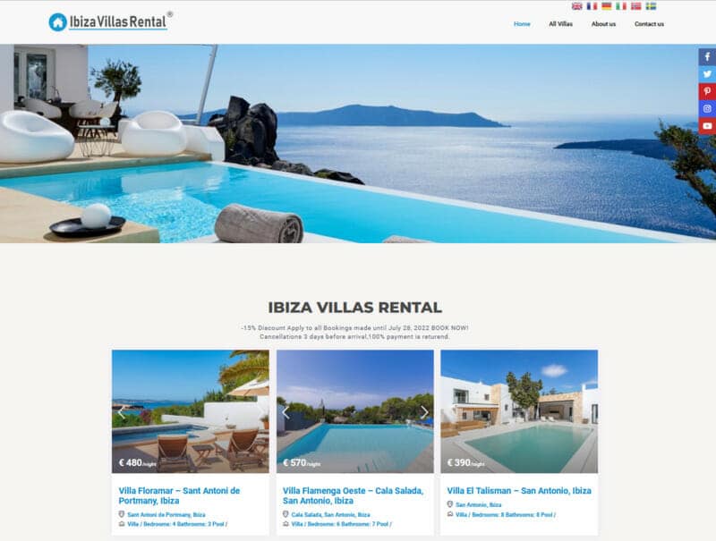 Screenshot einer Buchungswebsite für Last-Minute-Ferien-Villen auf Ibiza