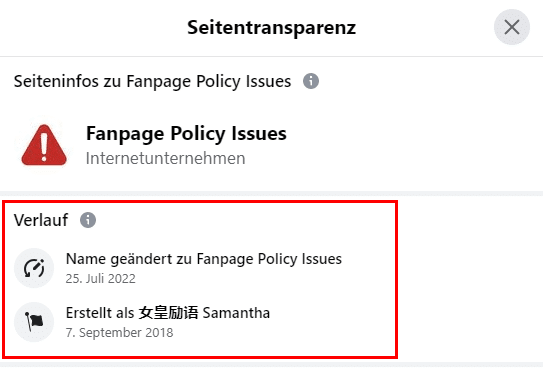 Screenshot Facebook-Seite "Fanpage Policy Issues"