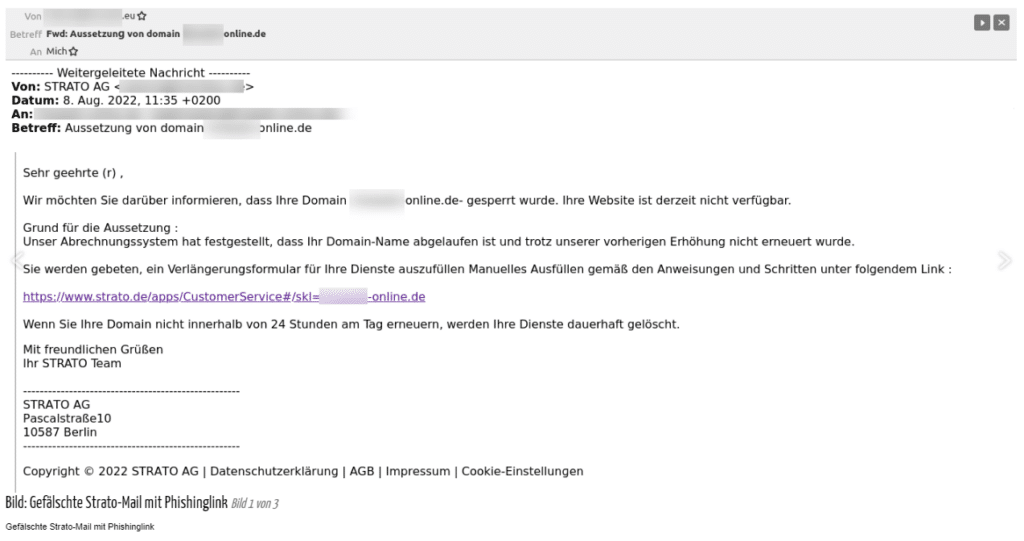 Screenshot: LKA Niedersachsen / Gefälschte Strato-Mail mit Phishinglink