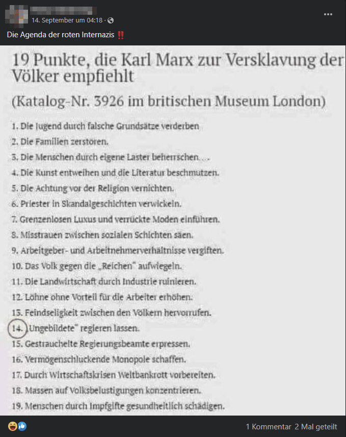 Screenshot Facebook-Beitrag Liste von Karl Marx