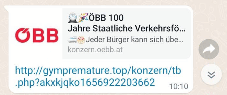 Screenshot: Fake: ÖBB-Gewinnspiel auf WhatsApp