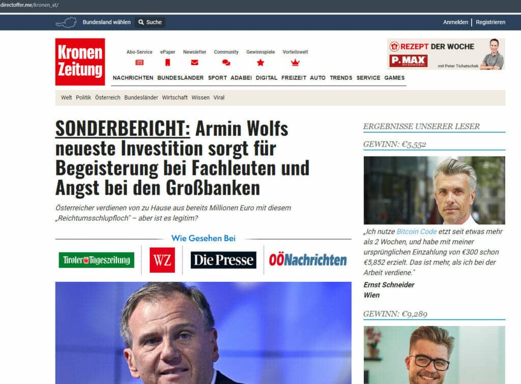 Screenshot der gefälschten Webseite der "Kronen Zeitung"